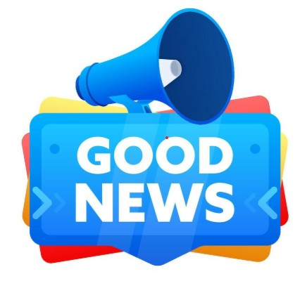 A blue megaphone with the writing good news under it