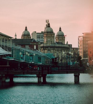 A photograph of the Hull skyline at sunset
