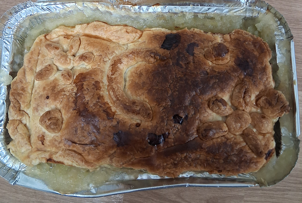 A photograph of one of the pies that were baked